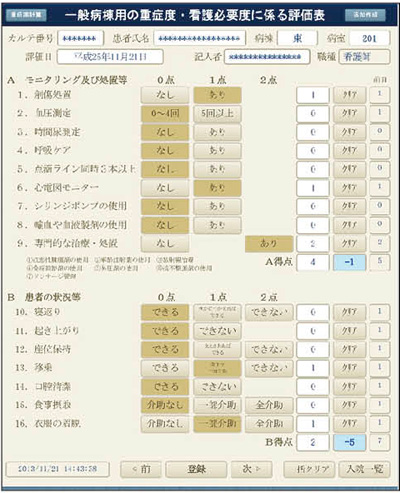 iPadのFileMaker Goによる看護必要度入力画面