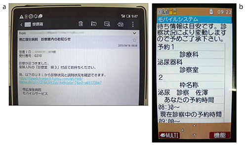 図3　当日案内メール（a）と診察状況Web（b）の例